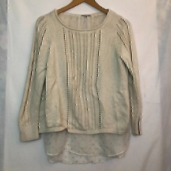 LUCKY BRAND Split Back Sweater Beige Cream Oatmeal Twofer Metallic Mixed Media S - Picture 3 of 10